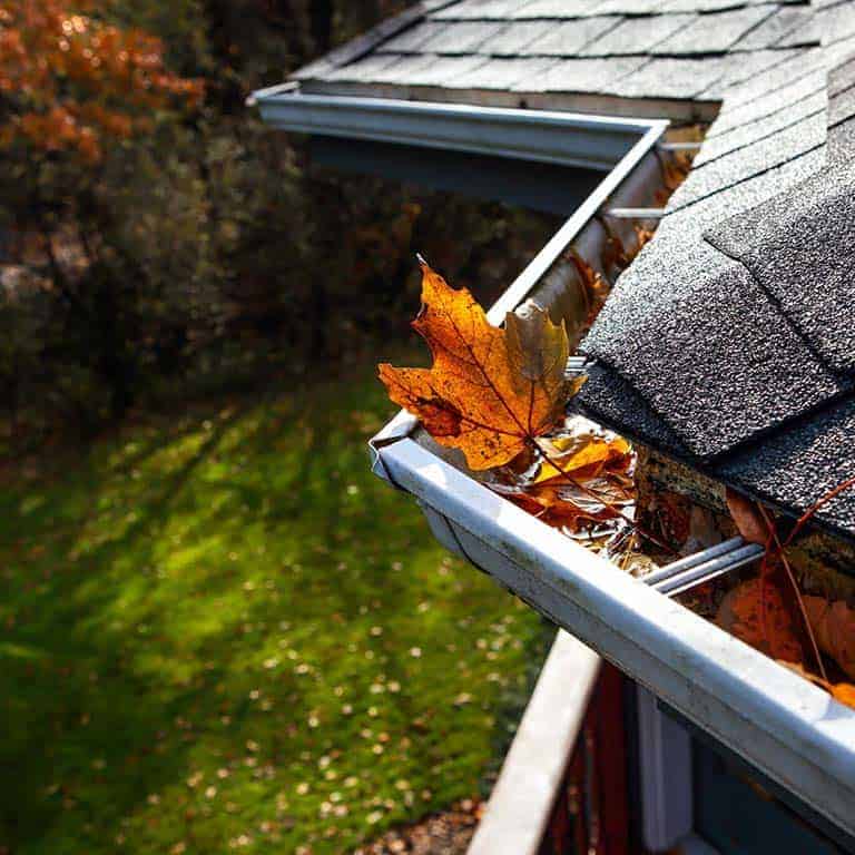 The gutters of a Minneapolis home filled with leaves.