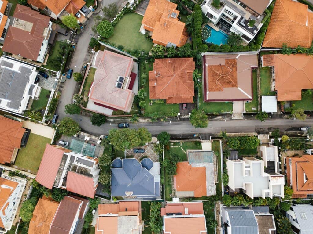 An overhead image of a variety of different roofs.