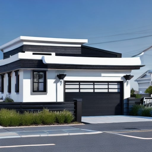 A white modern house with a black garage door.