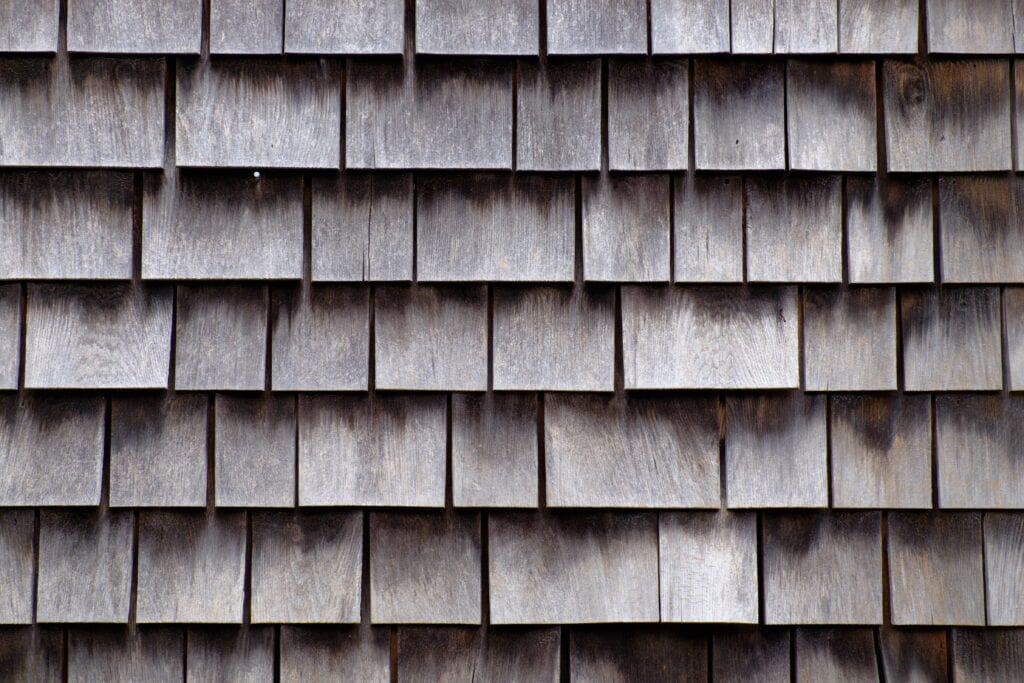 A topdown image of a cedar shake roof