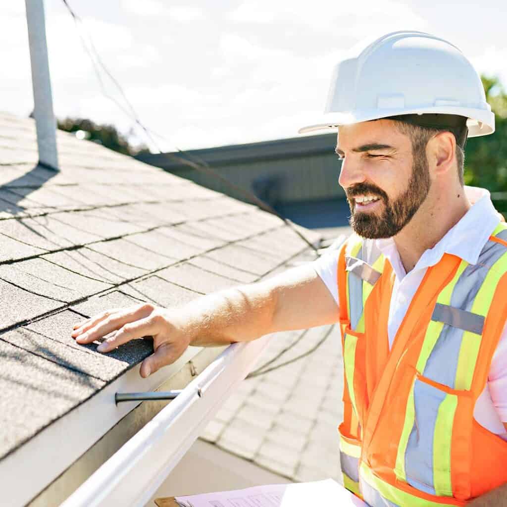 A professional Minnesota roofer performing a roof inspection.