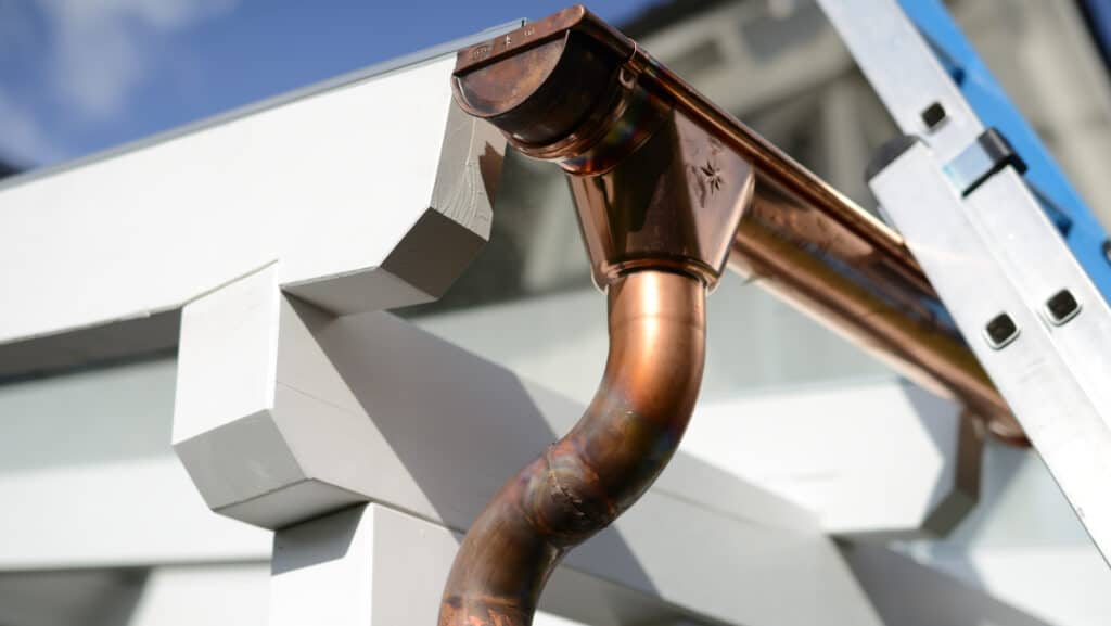 Copper gutters on an Omaha home.