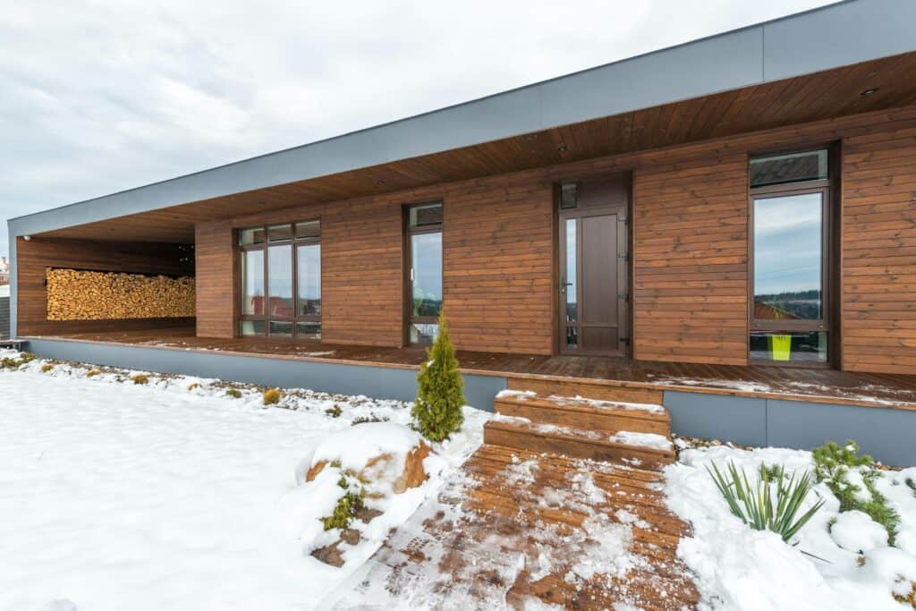 A St. Paul building in the winter with composite wood siding.